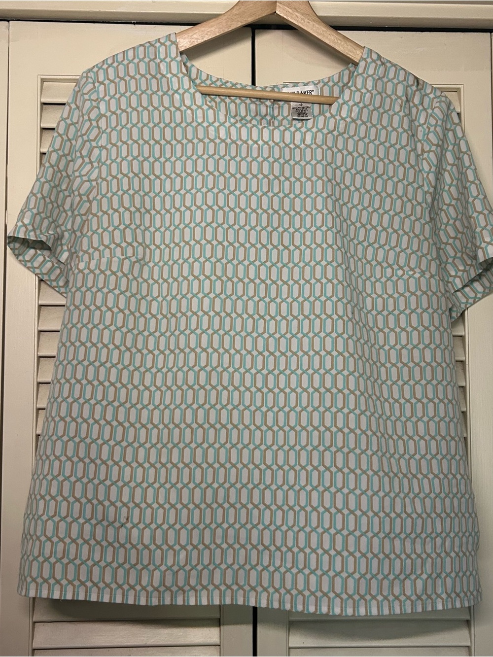 Vintage Liz Baker Blue White Geometric Honeycomb Blouse 18